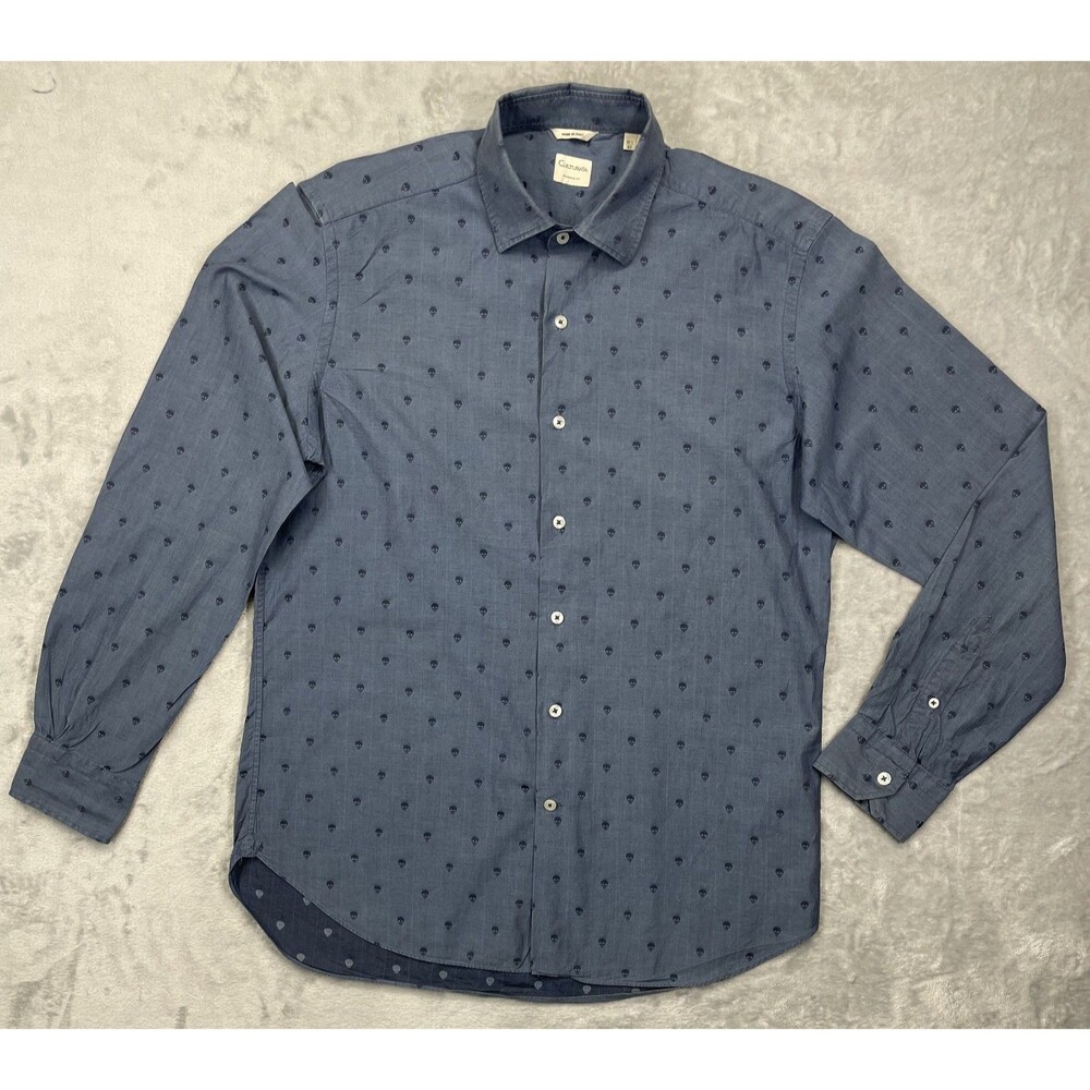 CULTURATA Size L 16 • 42 Blue Skull Print Woven Men's Shirt UEC Made In Italy